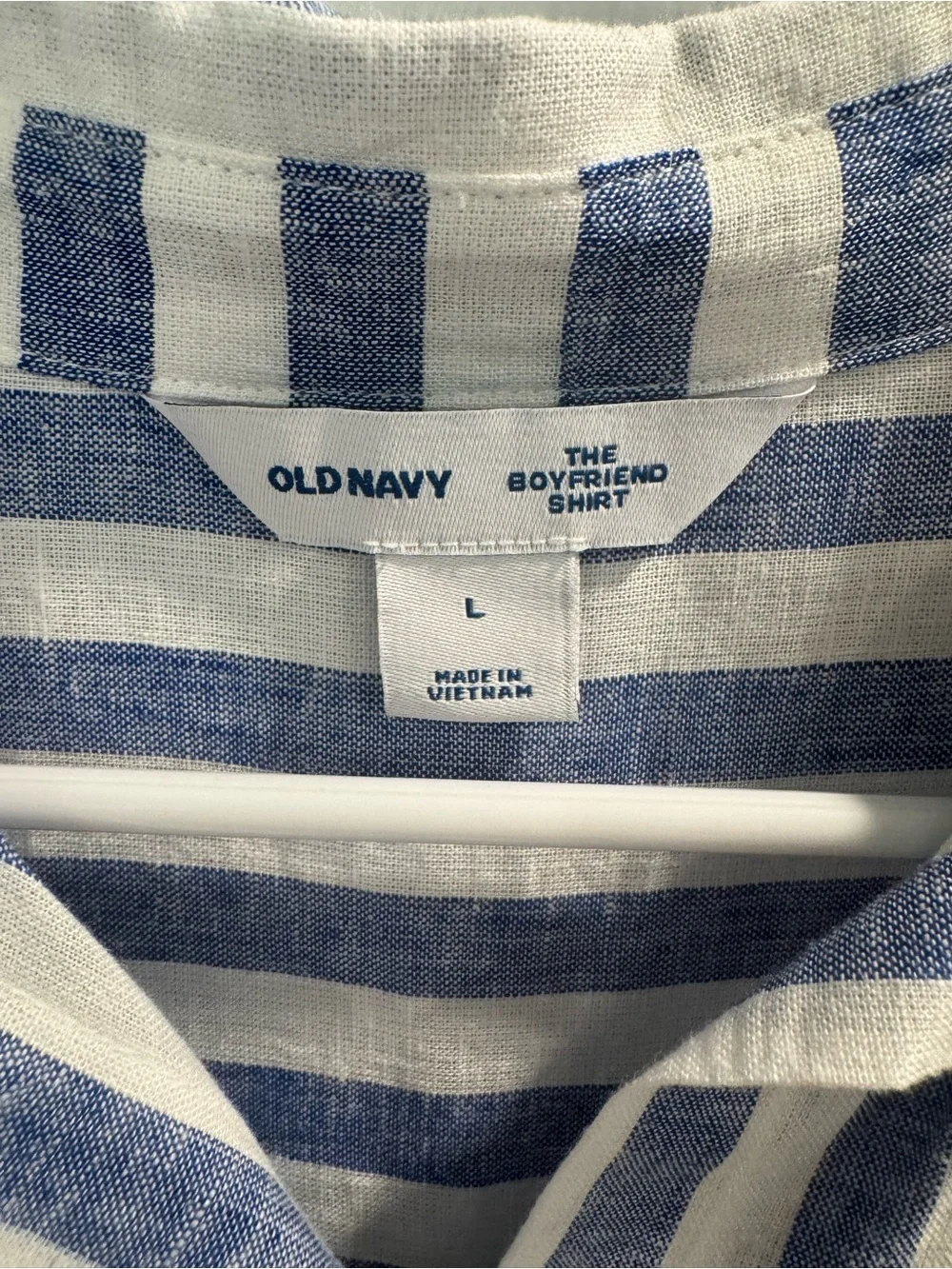 Old Navy Boyfriend Blue & White Vertical Stripe Button-Down Linen Shirt - Picture 2 of 4